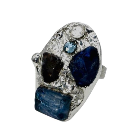 Studio Crafted Brutalist Blue Multi- Sea Glass & Crystal Statement Ring Size 9 - Picture 13 of 16